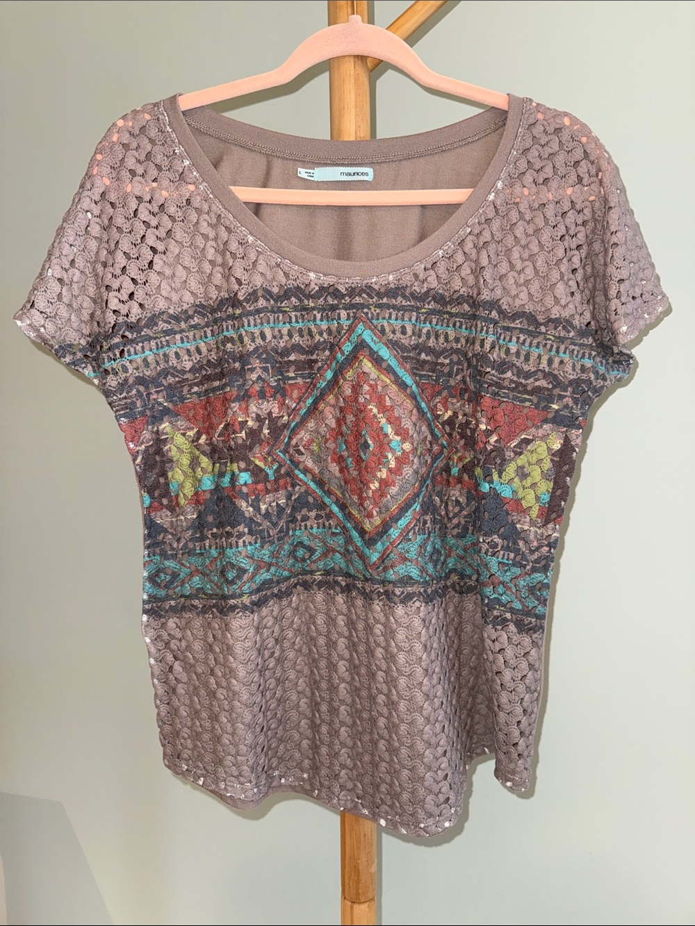 Maurices Taupe Knit Short Sleeve Top with Aztec Print
